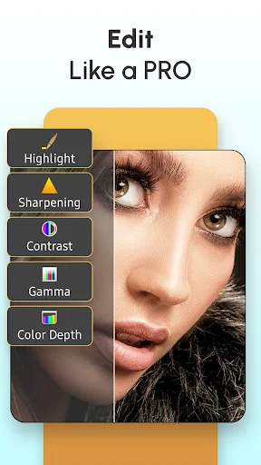 Photo Edit AI app interface showing pro editing tools - Highlight, Sharpening, Contrast, Gamma, Color Depth on portrait photo