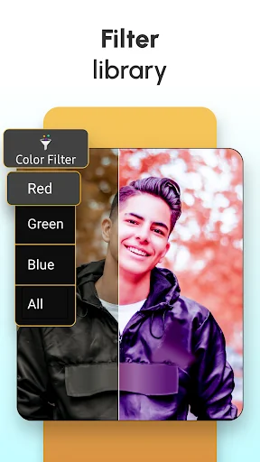 Filter library screen in Photo Edit app with Color Filter options - Red, Green, Blue, All filters applied to male portrait