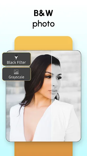 B&W photo editing feature with Black Filter and Grayscale options transforming color portrait to monochrome in AI editor
