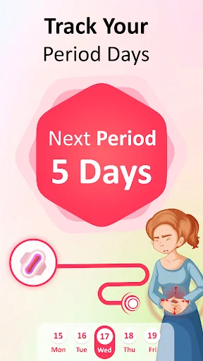 Period tracker showing next period countdown displaying 5 days until next menstrual cycle