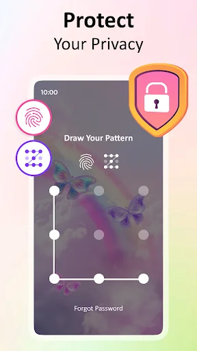 Privacy protection screen with pattern lock, fingerprint, and PIN security features for app access