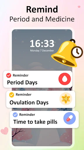 Period tracker reminder notifications for period days, ovulation timing, and medicine pill schedule