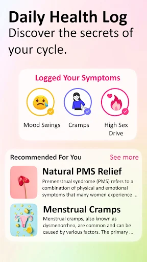 Daily health symptom log tracking mood, cramps, and sex drive with natural PMS relief health articles
