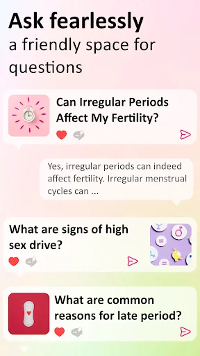 Community Q&A section for teen period questions on irregular cycles, sex drive, and late period causes