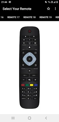 Philips TV remote control app: Remote 17 model with power button, navigation pad, numeric keypad for smartphone TV control