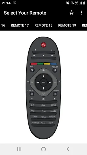 Select Your Remote with black oval Philips remote featuring colored function buttons interface