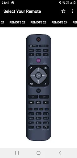 Philips TV remote app: Remote 22 model with comprehensive button layout, navigation controls, and multiple function options