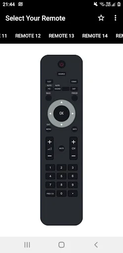 Philips TV remote app: Remote 12 simplified design with OK button, navigation controls, and numeric keyboard for TV