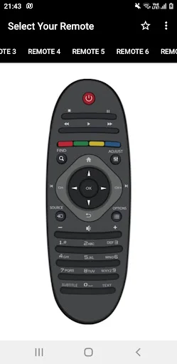 Philips TV remote control: Remote 3 with power button, color control buttons, and extensive layout for Philips TV