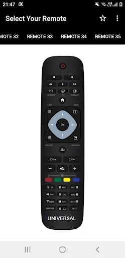 Philips universal TV remote app: Remote 32 model with power button, navigation pad, numeric keypad, and color buttons
