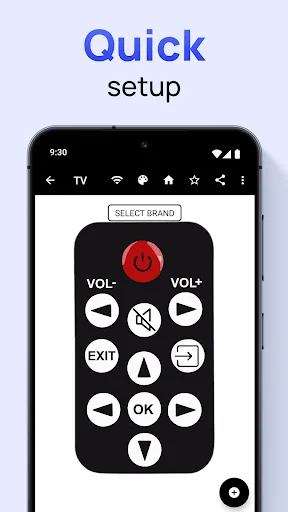 Quick setup interface with simplified remote showing power, volume, and basic control buttons