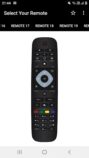 Select Your Remote interface showing black Philips remote model with full button layout controls