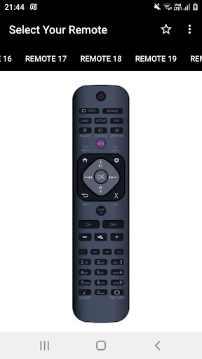 Select Your Remote showing purple Philips remote model with directional and media control buttons