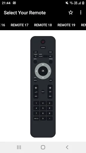 Select Your Remote displaying black Philips remote with directional pad and numeric keypad