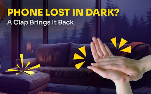Woman clapping hands to find lost phone in dark room with alert detection indicator icons