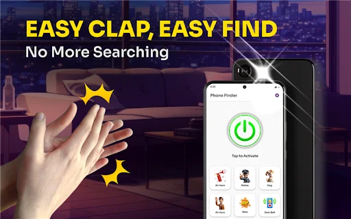 Phone Finder app interface showing clap activation with green power button and vibrate, ring, sound alert options