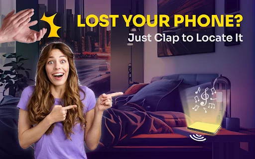 Woman activating Phone Finder clap detection to locate lost phone with music alert sounds and glow effect