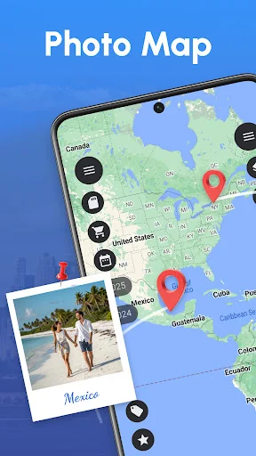 Photo Map GPS camera app showing world map with red location pins and photo preview from Mexico beach vacation