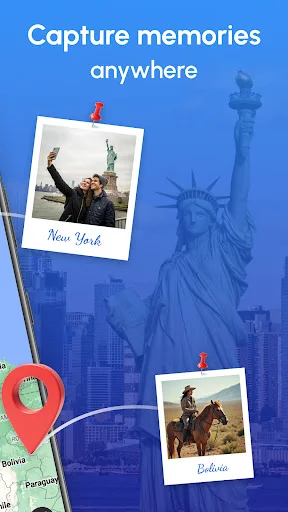 Photo Map app capture memories feature displaying travel photos from New York and Bolivia with Statue of Liberty backdrop