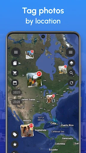 Photo Map location tagging interface showing world map with numbered photo pins across North America and Central America