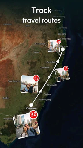 Photo Map travel route tracking feature displaying connected photo locations with white path line across Australia map