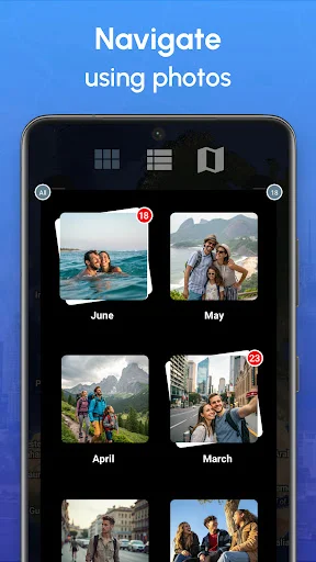 Photo Map navigation interface showing monthly photo grid view with June, May, April, March travel memories organized