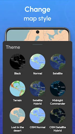 Photo Map theme selection menu displaying 9 different map styles including Black, Normal, Satellite, and Terrain options