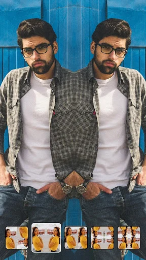 Mirror image split screen effect of man in glasses showing duplicate photo editing feature in Photo Mirror Collage app
