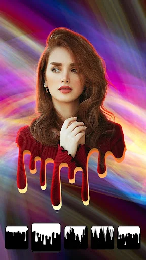 Drip paint frame effect applied to woman portrait in Photo Mirror app with colorful artistic border options below
