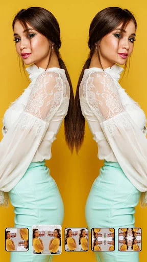 Back-to-back mirror pose of brunette woman in white lace top demonstrating Photo Mirror's reflection editing tools