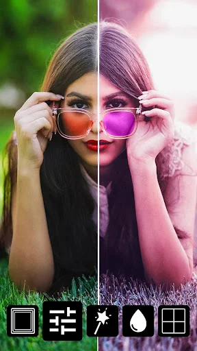 Split screen color filter effect showing woman with sunglasses in green and pink tones using Photo Mirror editor