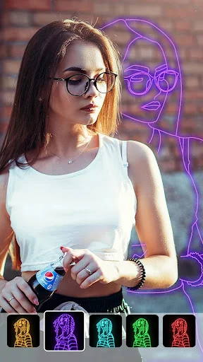 Neon outline portrait effect of woman with glasses in Photo Mirror app displaying glowing edge filter options