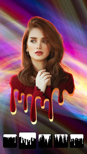 Drip paint frame effect applied to woman portrait in Photo Mirror app with colorful artistic border options below