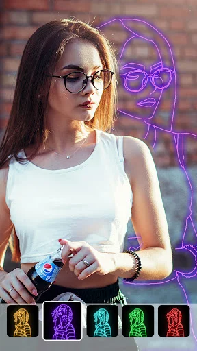 Neon outline portrait effect of woman with glasses in Photo Mirror app displaying glowing edge filter options