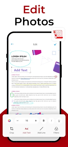 Edit photos interface with options to add text, lines, and filters for customizing images before PDF conversion
