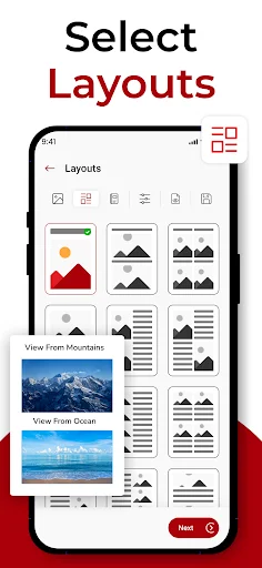 PDF layout selection screen showing multiple template options for arranging images and text in document pages
