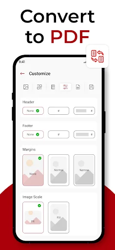 PDF customization settings screen with header, footer, margins, and image scaling adjustment options