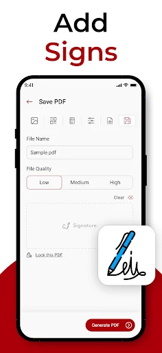 Save PDF screen with digital signature option and file quality selection for signing PDF documents