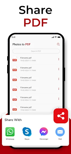 PDF sharing screen displaying converted files with sharing options via WhatsApp, Skype, Messenger, and email