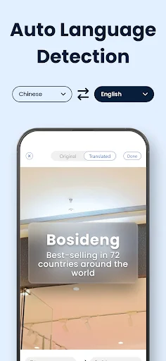 Auto language detection feature translating Chinese to English, showing Bosideng mall sign translation with automatic language recognition
