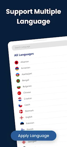 Support multiple language menu displaying 50+ languages with country flags including Albanian, Armenian, Chinese, English, Spanish for selection