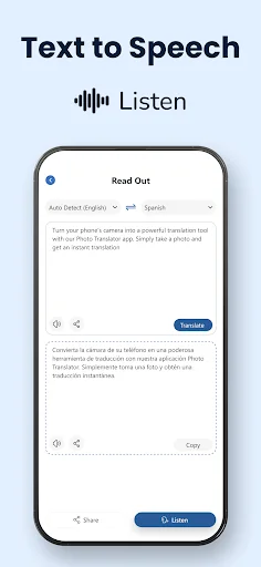 Text-to-speech feature reading translated Spanish text aloud with listen button, playback controls, and language selector options visible