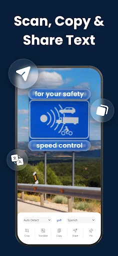 Scan copy and share text feature extracting speed control sign text with auto-detect, copy button, and text sharing icons displayed