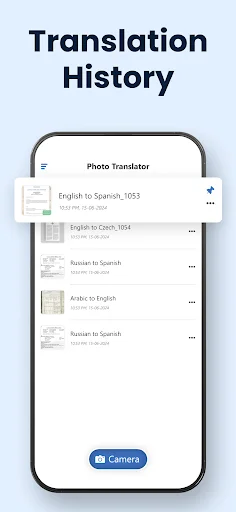 Translation history view listing previous translations including English to Spanish with 1053 characters and other past translation records