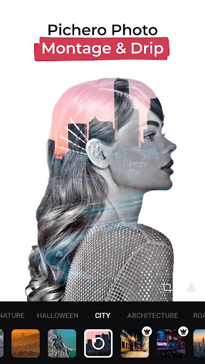 Pichero Photo Montage app home screen showing portrait with artistic drip effects and category filters