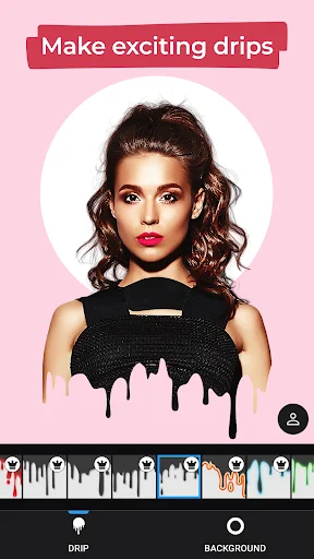 Drip effect editor in Pichero showing woman's portrait with black paint drip overlay and color options