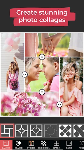 Photo collage creator in Pichero with romantic couple images and geometric layout templates