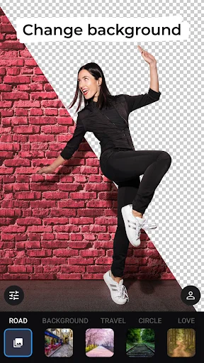Background changer tool showing woman against brick wall with transparent background removal option