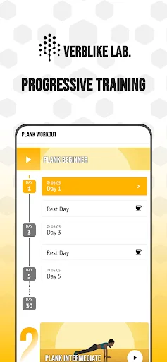 Plank workout progressive training plan showing 30-day schedule, daily exercises, rest days, and beginner plank form