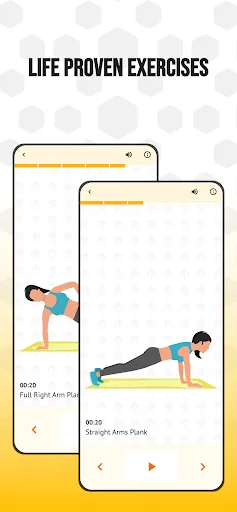 Plank exercise library with video demonstrations of full right arm plank and straight arms plank variations with timing